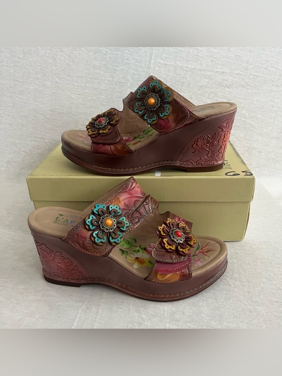 L'artiste Shoes - L'Artiste Spring Step Bleeker Floral Embellished Tooled Leather Wedge Sandals